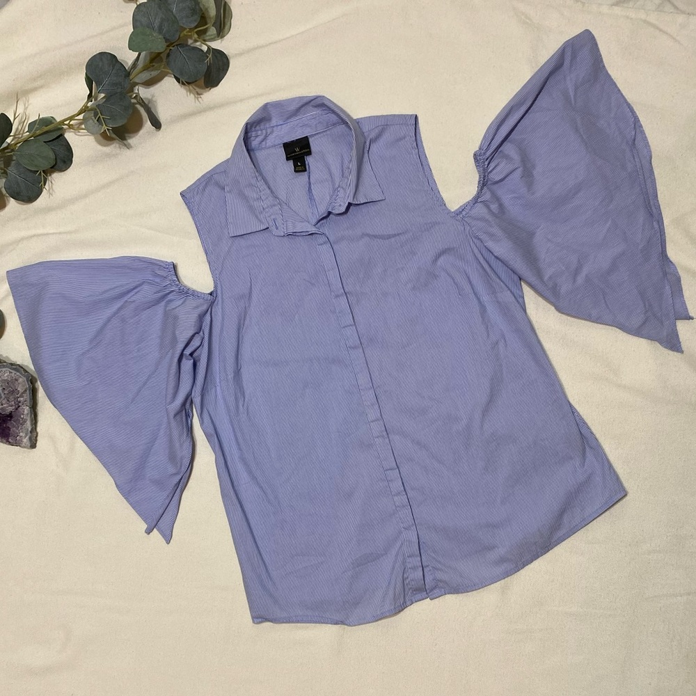 Worthington Cold Shoulder Blue Pinstripe Button Down Shirt | Women’s Size Large